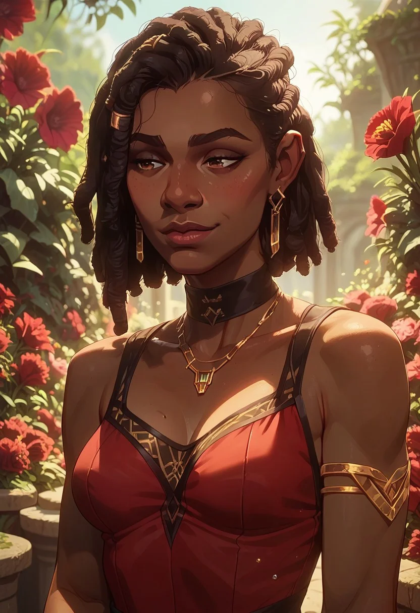 score_9, score_8_up, score_7_up, score_6_up, score_5_up, score_4_up, source_cartoon,
1girl, dark-skinned female, standing, smelling flowers, holding flowers to face, 
black hair, dreadlocks,
brown eyes, satisfied, smiling, detailed face, blushing,
medium breasts, fit, athletic, 
elegenent red dress, golden jewelry, exposed shoulders, 
outdoors, garden, red flowers, floral scenery,
close-up view, view of back,
Expressiveh, g0th1c, mel,