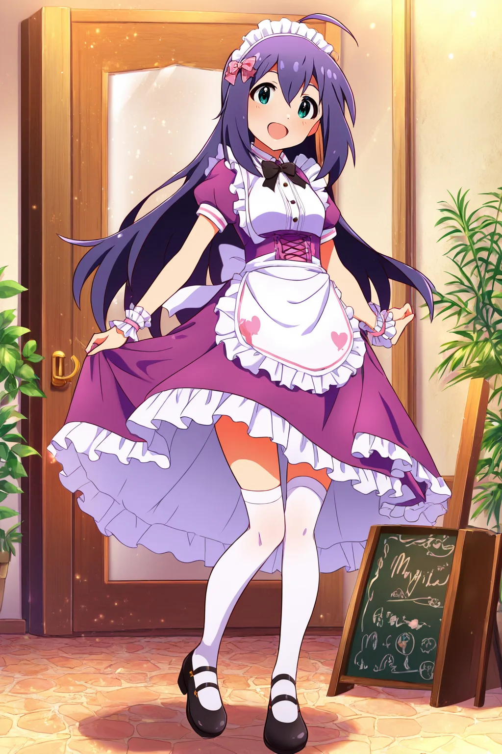masterpiece,best quality,very aesthetic,absurdres,highres,newest,official art,official style,
1girl,solo,
mochizuki anna,purple hair,green eyes,ahoge,
purple dress,maid headdress,maid,
<lora:eye_focus_illus:1>,eye_focus,
standing,full body,
<lora:idolmaster_mochizuki_anna_ill_v1.0:1>,