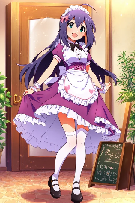 masterpiece,best quality,very aesthetic,absurdres,highres,newest,official art,official style,
1girl,solo,
mochizuki anna,purple hair,green eyes,ahoge,
purple dress,maid headdress,maid,
<lora:eye_focus_illus:1>,eye_focus,
standing,full body,
<lora:idolmaster_mochizuki_anna_ill_v1.0:1>,