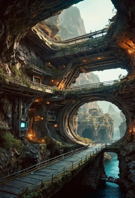 Visualize a futuristic bridge, symbolizing online community in the style of incorporate elements that evoke a sense of magic, cave with a large spaceship complex, elegant, expansive, fantastical, film photography style, heavy grain