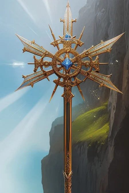 MagicItem_v1, fantasy, cross, cross-shaped staff, masterpiece, high detailed, elegant, majestic, detailed, pretty, beauty, perfect, sleek, world morph, front facing position, perfect morph, divine, heavenly, excessive energy, holy