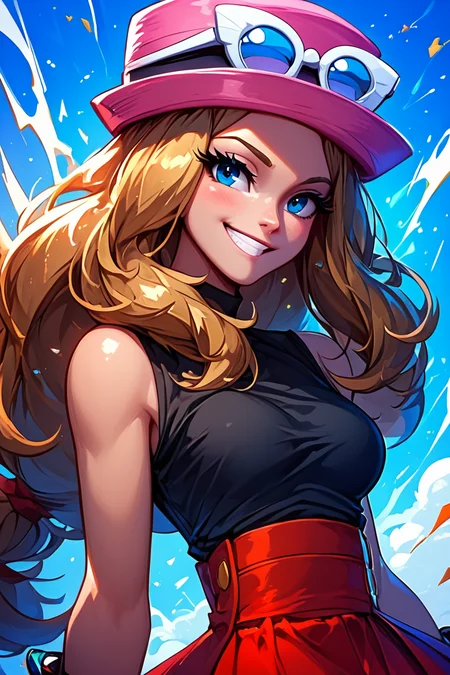 score_9, score_8_up, score_8, medium breasts, (curvy), cute, eyelashes, BREAK, , BREAK, zzSerena, solo, long hair, blue eyes, eyewear on headwear, pink headwear, eyelashes, sleeveless shirt, black shirt, bracelet, high-waist skirt, red skirt, black thighhighs,<lora:SerenaPokemon_PDXL_r1:0.8>, <lora:EnergyCAT:1.0>, solo, looking at viewer, upper body, aura, blue sky, , BREAK, smile, looking at viewer, cowboy shot, embedding:zPDXL, Expressiveh, <lora:SDXLFaeTastic2400:0.5>, <lora:Expressive_H-000001:0.4>,