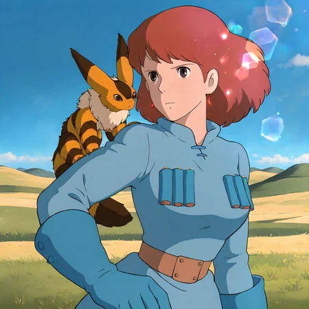 <lora:NotVotW_NausicaaXLIllustrious022:0.8>,
masterpiece,best quality,good quality,newest,
outdoors,detailed background,grassland,blue sky,lens_flare,glitter,
serious,
looking at another,
solo,
Nausicaa,1girl,brown hair,medium hair,brown eyes,
breasts,
blue dress,blue gloves,
animal on shoulder,