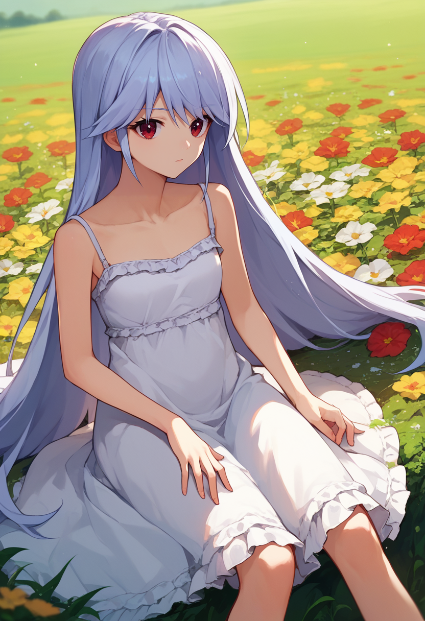 score_9, score_8_up, score_7_up,  1girl,  Kazuki, silver hair, long hair, red eyes,  white sundress, flower field,  sitting,    <lora:Kazuki Dora V2-000009:1>