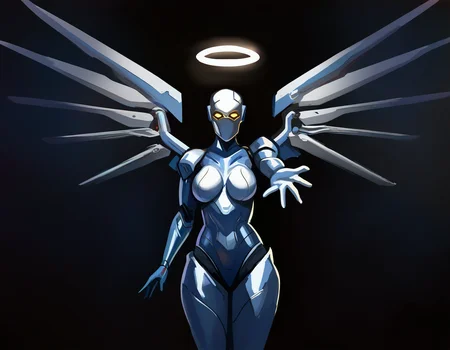 by carl newman, solo, angel, cyborg, mechanical-wings, mechanical-halo, glowing-eyes, reaching-towards-viewer, cowboy-shot, straight-on, masterpiece, best quality, newest, absurdres, highres