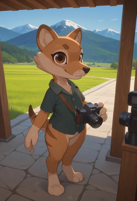 1girl, highres, absurdres, newest, masterpiece, best quality, furry, small tail, claws, benji, female, Thylacine, wolf legs, brown wool, brown eyes, 4 fingers, 3 toes, green shirt, detailed eyes, professional lighting, solo, seductive, looking_at_viewer, masterpiece, camera, mountain,