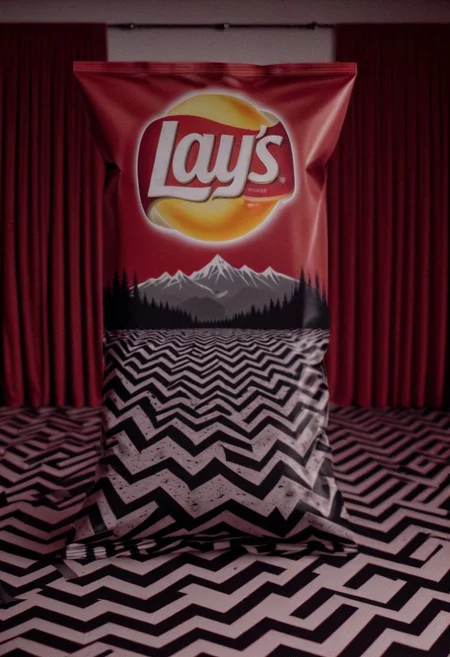 Lays Chip Bag, "TWIN PEAKS", coffee, in a room with red curtains, black and white chevron pattern floor, realistic, sharp, detailed, classic, artistic, perfection, contrast, cinematic, filmic, high quality photo, David Lynch style, Twin Peaks style, shallow depth of field, vignette, highly detailed, high budget, bokeh, cinemascope, moody, epic, gorgeous, film grain, grainy