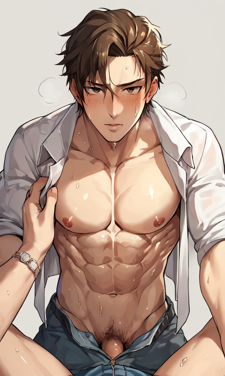 score_9, score_8_up, score_7_up, score_6_up, score_5_up, score_4_up, takerpov, taker pov, jewelry, brown hair, pectorals, abs, nipples, muscular, open clothes, 1boy, sweat, pov, female pov, male focus, blush, muscular male, simple background, looking at viewer, yaoi, 2boys
