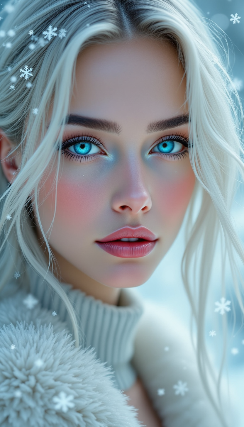 pinkfluxproultrafantasia, 
a serene woman with porcelain skin and icy blue eyes framed by long silver lashes. Her hair cascades like frosted silk, adorned with delicate snowflakes, and her lips glisten with a hint of frost. Behind her, soft snowfall creates a dreamy bokeh effect.