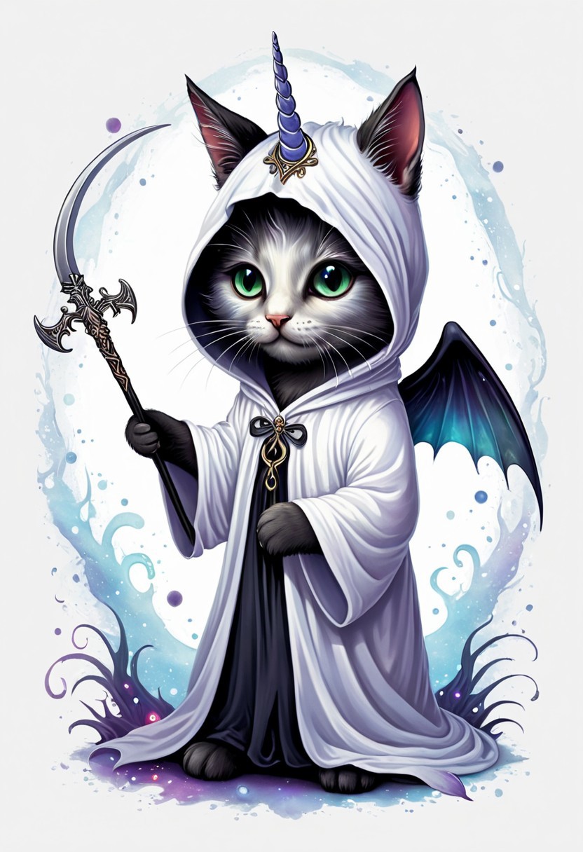 Let's craft a striking and unique t-shirt design featuring an eerie twist on a unicorn kitten dressed in a reaper costume, all set against a crisp white background. Picture a small, adorable kitten with a unicorn horn protruding from its forehead, its eyes glowing with an otherworldly light. The kitten is clad in a dark, flowing reaper robe, complete with a hood that casts shadows over its face, adding a mysterious and haunting vibe to the design. Delicate, ethereal wings sprout from its back, shimmering with a ghostly iridescence. The kitten holds a tiny scythe in its paw, the blade gleaming ominously against the white fabric of the robe. Behind the creature, a soft, ethereal mist swirls, hinting at a realm beyond the mundane. This juxtaposition of cute and eerie elements creates a captivating visual contrast that is sure to intrigue and captivate onlookers when printed on a white t-shirt.