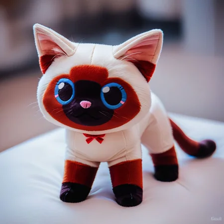 score_9, score_8_up, score_7_up, pikaole, no humans, animal focus, (Siamese cat:1.05), fur, full body, solo, blurry background, (plush doll:0.8), cute, rating_safe, source_furry, pikaole, source_photorealistic