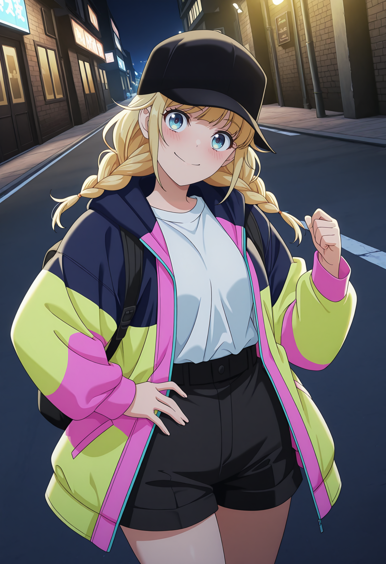 highres, best quality, masterpiece, 
anime screencap,
1girl, solo, blush, prpkeiko, blonde hair, twin braids, blue eyes,
<lora:_eiko_tsukimi-elesico-ilxlA:1>  street, night, lights, outdoors, multicolored jacket, hood, open jacket, baseball hat, black headwear, white shirt, shirt tucked in, black shorts, backpack, dutch angle, smile, hand on own hip, head tilt, looking at viewer,