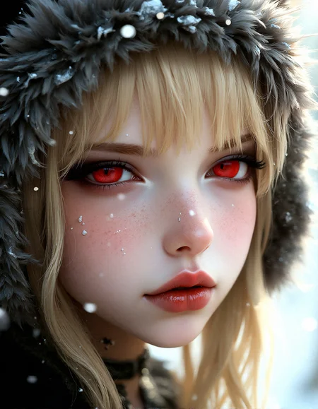 A stunning doll like face close-up of a young blonde woman,doll like gothic fashion , with bright red eyes, moist pink lips, fangs, wearing a fluffy animal ear hood, wearing beautiful necklace, soft lighting, realistic and delicate facial features, fallen snowpetal, photorealistic rendering. Natural light interplay on skin,Photorealistic shadow softness, Lifelike hair gloss , Photorealistic color grading, Slight side profile with eyes looking directly at the camera, lips pursed.