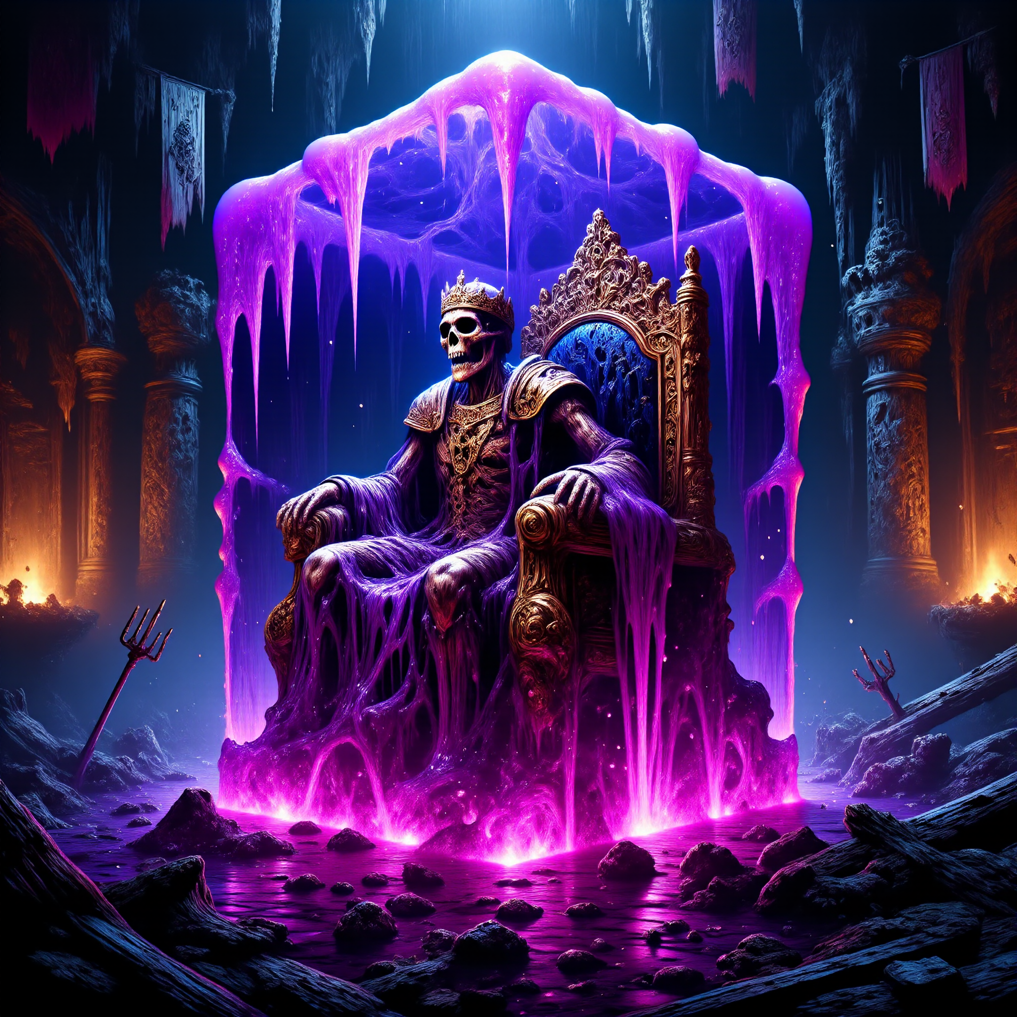 famous artwork in the style of dan mumford, an intricately detailed and dynamic scene in a dark, decaying throne room of an ancient gothic castle, low angle view of a gooey translucent gelatinous cube with rounded, oozing, dripping edges and corners, it is colored in a purple to deep blue gradient, its magical glowing gel engulfing the skeletal remains of a once-mighty king with his imposing orante golden crown and dissolving regal attire on an intricately carved, gilded throne with elaborate filigree, the throne's luxurious design featuring detailed engravings of mythical creatures and ancient symbols, the contents of the towering gelatinous cube are slowly dissolving, creating tiny bubbles in the gel, the cube's gelatinous mass distorts the view like uneven, slightly milky glass, the scene is bathed in deep, moody colors with harsh shadows and vibrant neon highlights, tattered banners hanging from the walls, flickering torches casting sinister light across the room, the atmosphere is both ominous and otherworldly, blending horror and fantasy in a visually striking, dramatic, and epic composition, <lora:image_enhancer-flux-by_dever:0.8> <lora:gelatinous_cube-flux-by_oneviolentgentleman:0.64> <lora:style-dan_mumford-v2-flux-by_tangbohu:0.84>
