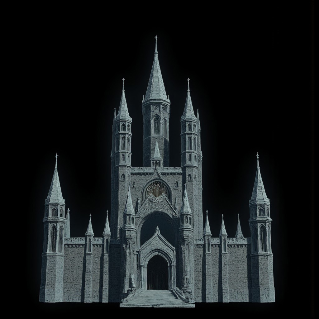 A Medieval castle with elderscrolls inspired aestetics and legend of zelda
Set against a solid dark black color background to emphasize its unsettling unnatural form that emphasizes its silhouette. The medium is not a traditional painting or illustrative medium like watercolor or ink but rather a digital 3D rendering.
MikeFranchinastyle, d4artstyle, d4concept, , bbstyle,, horror theme,, zbrush, ZBClay model of a gray sculpture, 1990's, 1990's style