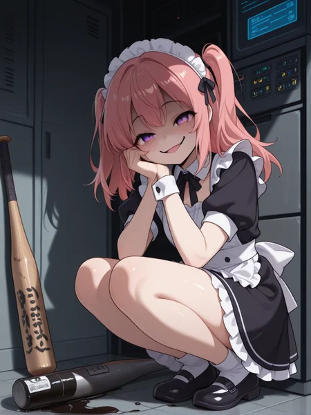 high quality, full body, <lora:CivChan:1> civchan, yandere, server, evil smile, baseball bat, oil,