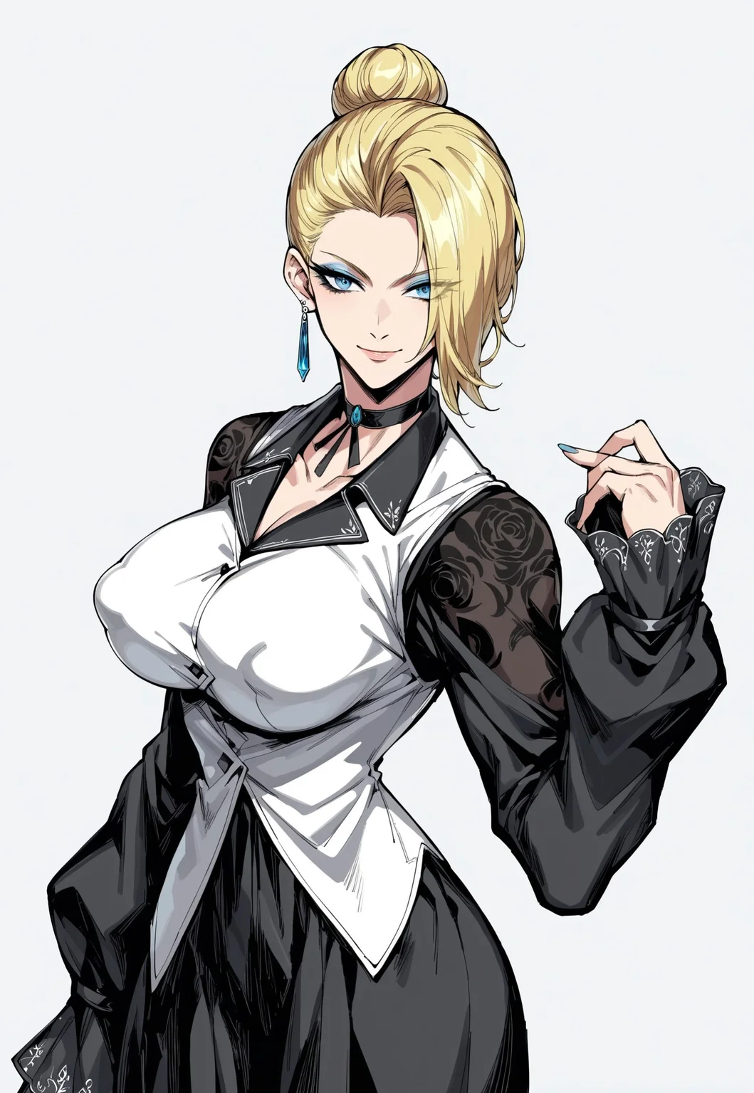 safe_pos, score_9, score_8_up, score_7_up, score_6_up, source_anime, 1girl, 18 years old girl maturekfsXV, , (big breasts:1.5), (large cleavage), black shorts,pantyhose, hair bun, hair over one eye, blonde hair, blue eyes, eyeshadow , beautiful face, earrings, choker, long dress, black sleeves, long sleeves, white vest , white pattern,sexy smile, sensual smile, grey background, dramatic shadows, posing sexy, thighs , puffy nipples, high quality anime movie, , , wide shot ,Tbtniki style , raw, concept art