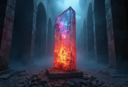 A photorealistic depiction of a large crystalline remnant of a monolith in the focus of attention. The curious structure is made from a cloudy, cracked, crystalline material, seemingly about to shatter into countless fragments, glowing with an intense, prismatic array of colorful light from its cracks, contrasting strongly against the dark background, like a neon rainbow in absolute darkness. Inside of the vast depths of an ancient mausoleum with intricate archways circling the monolith. The scenery is enshrouded in a dense fog, giving off a subtle, foreboding glow, adding to the eerie setting. Wonder lingers in the scene.