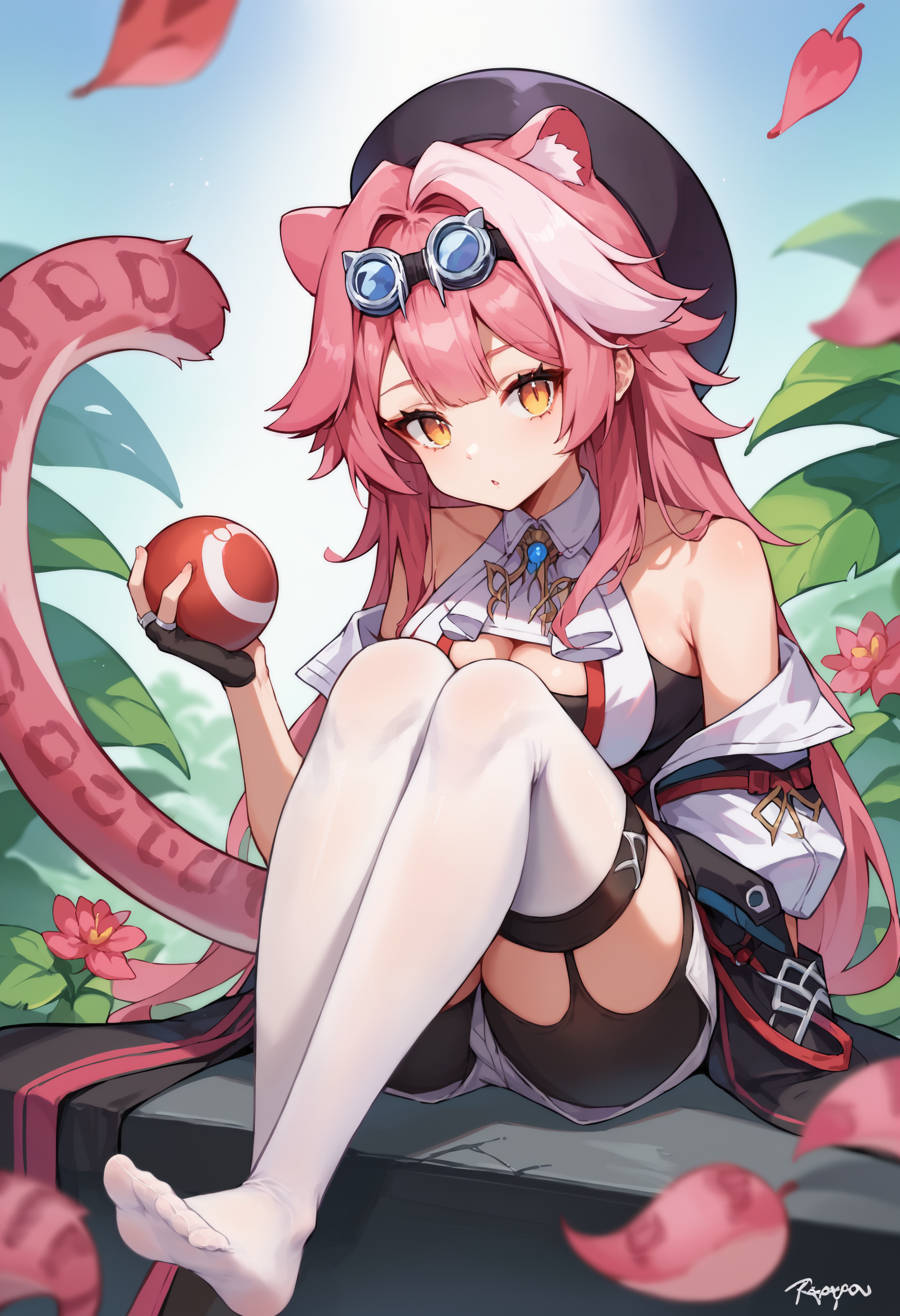 score_9, score_8_up, score_7_up, uncensored, source_anime, 1girl, <lora:spraoraPantheraXLPony:1> raora1st, cat ears, cat tail, animal ear fluff, beret, goggles on head, shirt, white shorts, short shorts, black glove, single glove, fingerless glove, white thighhighs, garter straps, cleavage cutout, expressionless, head tilt, holding, holding ball, looking at viewer, open mouth, parted lips, sideways glance, solo, feet out of frame, flower, glowing, leaf, pink flower, plant, purple flower, signature, hungry