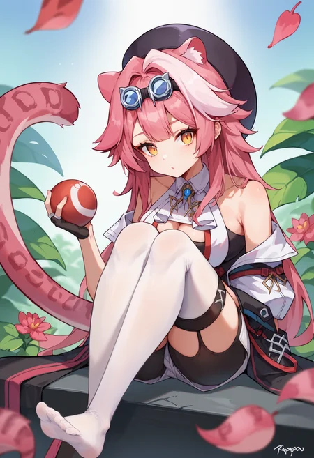 score_9, score_8_up, score_7_up, uncensored, source_anime, 1girl, <lora:spraoraPantheraXLPony:1> raora1st, cat ears, cat tail, animal ear fluff, beret, goggles on head, shirt, white shorts, short shorts, black glove, single glove, fingerless glove, white thighhighs, garter straps, cleavage cutout, expressionless, head tilt, holding, holding ball, looking at viewer, open mouth, parted lips, sideways glance, solo, feet out of frame, flower, glowing, leaf, pink flower, plant, purple flower, signature, hungry