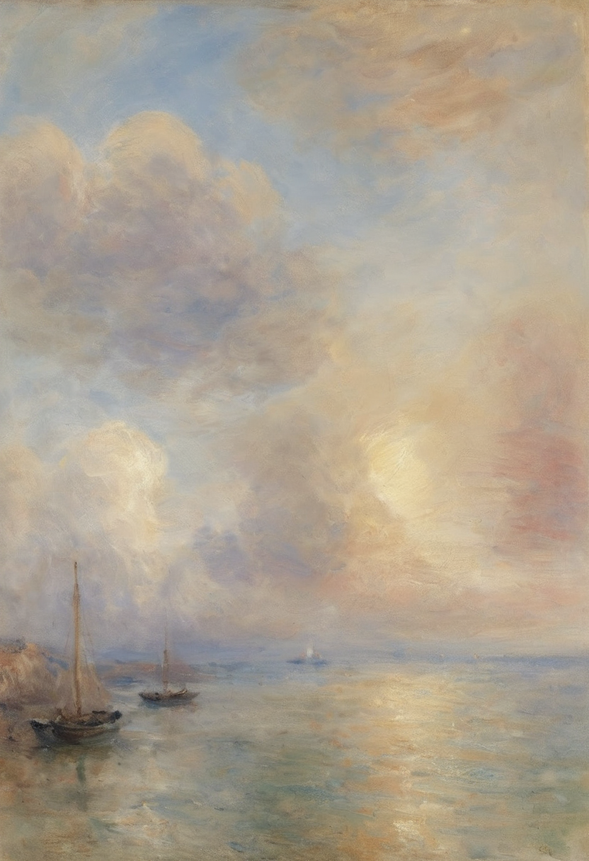 impressionist painting atmospheric and abstract roiling clouds and sea with faint indications of shore and one boat by JMW Turner and Monet 