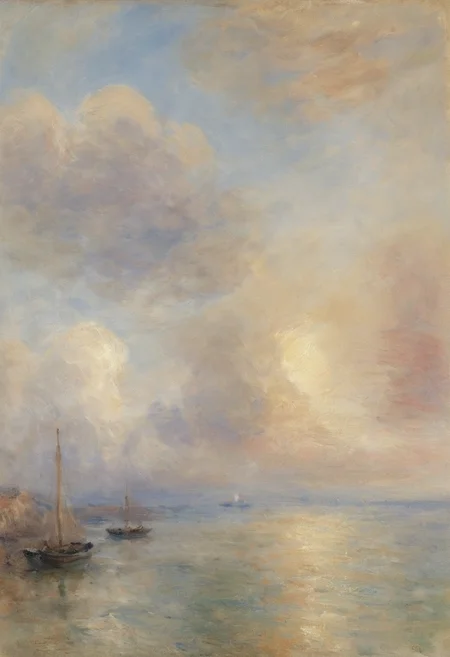 impressionist painting atmospheric and abstract roiling clouds and sea with faint indications of shore and one boat by JMW Turner and Monet