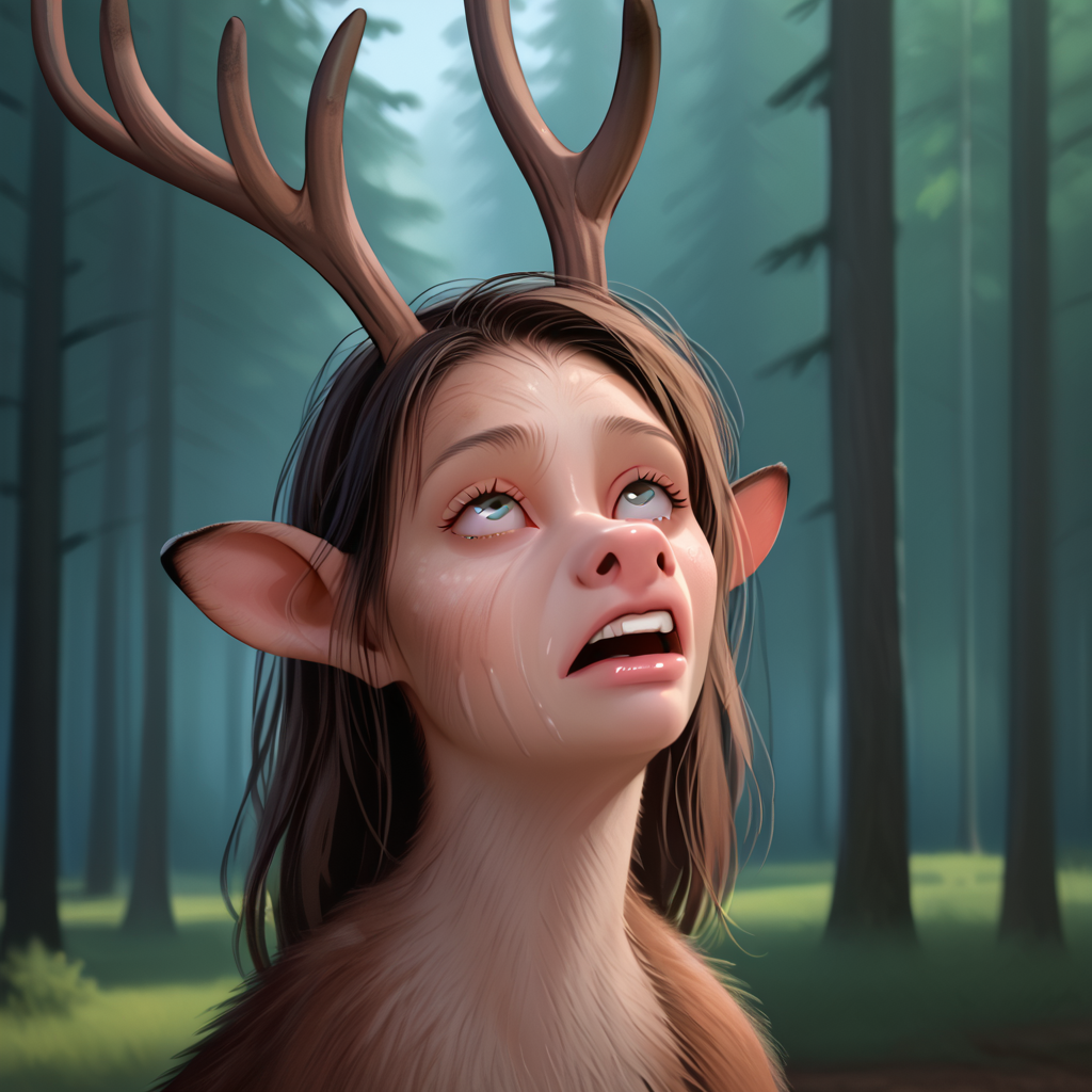 <lora:Pony - Liminalbean Style:1> l1minalbean, byl1minalbean, 1girl, solo, face focus, portrait, transformation, looking up, deer, antlers, snout growth, forest, detailed background,