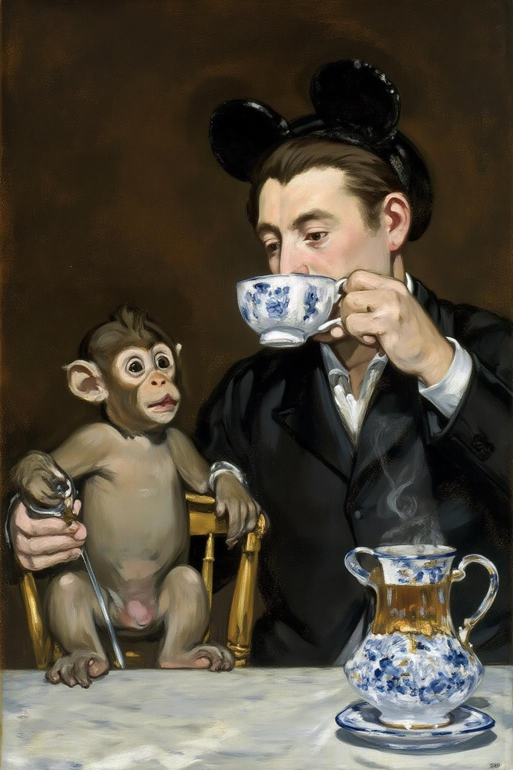 edmanet1 painting.
A small monkey and a man wearing Mickey Mouse ears, sitting at a table drinking tea, <lora:edmanet1_cap_d6a3e13:1.0><lora:834381484401061974:0>