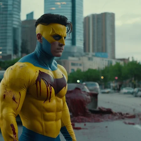 UHD, 4k, ultra detailed, cinematic, a photograph of  <lora:Invincible:1.5>
Invincible a man in a yellow superhero costume standing in a city with bloody face and bloody cloth with a bodybuilding ribbed body, epic, beautiful lighting, inpsiring