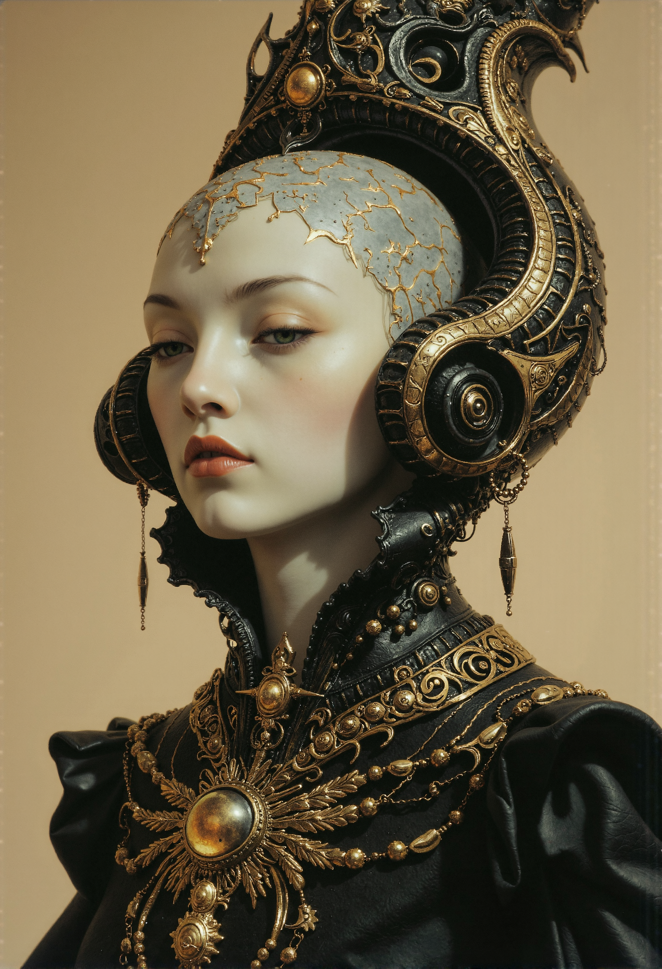 A regal, futuristic portrait of a serene female figure with a pale, porcelain-like face and delicate features, exuding an air of mystery and grace. Her head is adorned with an intricately designed, ornate headdress made of black and gold filigree, resembling a fusion of baroque artistry and advanced technology. The headdress curves elegantly around her head, with subtle details of cosmic symbols and golden patterns etched into its surface, glowing faintly as if imbued with mystical energy. Her downcast gaze and long, dark lashes lend a meditative and introspective aura to her demeanor, while a single golden ornament dangles delicately from her cheek, accentuating her otherworldly beauty.  Her clothing is equally detailed, featuring a high-collared black garment with textures resembling a mix of leather and fine silk, embellished with golden embroidery that flows organically like veins of liquid gold. A prominent, glowing pendant rests at her chest, encased in a complex, mechanical design that hints at a balance between ancient elegance and futuristic functionality. The background is minimalist, a soft gradient of warm beige tones that draws all focus to her striking presence. The composition captures a perfect blend of high fashion, timeless elegance, and advanced sci-fi aesthetics. <lora:frazetta_flux_v2-000150.safetensors:0.4>, <lora:Flux_-_Renaissance_art_style.safetensors:0.4>, <lora:flux.1_lora_flyway_Epic-Characters_v1.safetensors:0.3>, <lora:Warhammer_Rogue_Trader_Style_flux-000021.safetensors:0.5>, <lora:Elden_Ring_-_Yoshitaka_Amano.safetensors:0.5>, <lora:Movie_Portrait.safetensors:0.5>,  <lora:- Flux1 - soothing_atmo_V2.0.safetensors:0.2>,  <lora:lith_mimosa_kiel_grw134_FLUX.safetensors:0.4>,