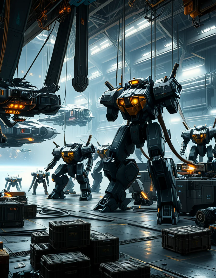 A massive, futuristic spaceship hangar filled with towering battle mechs undergoing maintenance. The hangar is dimly lit, with industrial lighting casting a cold, bluish glow over the metallic surfaces. The high ceiling is lined with steel support beams, catwalks, and suspended cranes used for repairing the massive war machines. The walls are adorned with warning signs, control panels, and illuminated holographic displays providing diagnostic data on the mechs. In the foreground, a colossal mech stands on a heavy-duty platform, its armored plating showing signs of battle damage, with exposed mechanical parts being worked on by robotic arms. The ground is marked with yellow hazard lines and scattered with tools, power cables, and spare parts. Steam rises from various vents, adding to the gritty, industrial feel. In the background, more mechs are stationed in docking bays, with their weapons and mechanical limbs being adjusted by automated repair systems. A large open bay door at the far end reveals the vastness of space, with distant stars and a massive planet visible beyond the hangar. The scene is detailed, immersive, and full of high-tech military sci-fi energy.
<lora:SDXLFaeTastic2400:0.4> <lora:extremely_detailed:0.4> extremely detailed,<lora:mechwarriors_spaceship_h4ng4r:1>,mechwarriors spaceship h4ng4r, Masterpiece,best quality,hi res,8k,hi res,8k,award winning,(sharp focus, intricate, highly detailed),