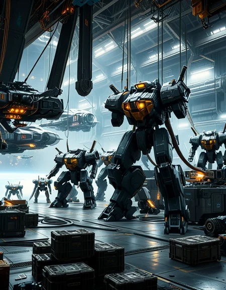 A massive, futuristic spaceship hangar filled with towering battle mechs undergoing maintenance. The hangar is dimly lit, with industrial lighting casting a cold, bluish glow over the metallic surfaces. The high ceiling is lined with steel support beams, catwalks, and suspended cranes used for repairing the massive war machines. The walls are adorned with warning signs, control panels, and illuminated holographic displays providing diagnostic data on the mechs. In the foreground, a colossal mech stands on a heavy-duty platform, its armored plating showing signs of battle damage, with exposed mechanical parts being worked on by robotic arms. The ground is marked with yellow hazard lines and scattered with tools, power cables, and spare parts. Steam rises from various vents, adding to the gritty, industrial feel. In the background, more mechs are stationed in docking bays, with their weapons and mechanical limbs being adjusted by automated repair systems. A large open bay door at the far end reveals the vastness of space, with distant stars and a massive planet visible beyond the hangar. The scene is detailed, immersive, and full of high-tech military sci-fi energy.
<lora:SDXLFaeTastic2400:0.4> <lora:extremely_detailed:0.4> extremely detailed,<lora:mechwarriors_spaceship_h4ng4r:1>,mechwarriors spaceship h4ng4r, Masterpiece,best quality,hi res,8k,hi res,8k,award winning,(sharp focus, intricate, highly detailed),
