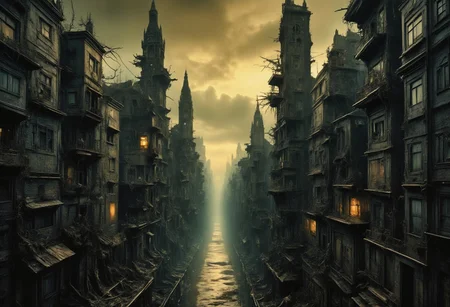 high quality, 8K Ultra HD, a metropolis where elements of nightmarish surrealism converge into a scary, gore, horror scene, Escher's influence is subtly incorporated, transforming the city into an intricate, mind-bending spectacle, Stark contrasts between light and dark enhance the dreamlike quality of the scene, creating an unsettling yet captivating urban horrific dreamscape, photorealistic, ultra realistic,aidmaimageupgrader,