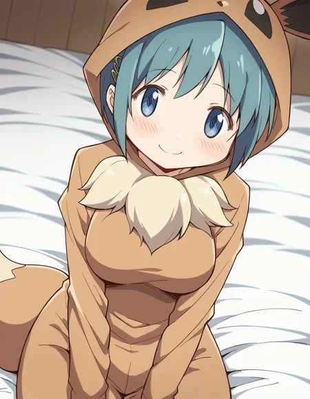 score_9, score_8_up, score_7_up, source_anime, <lora:sayaka-miki-s1-ponyxl-lora-nochekaiser:1>, sayaka miki, short hair, blue eyes, hair ornament, blue hair, hairclip, medium breasts,, <lora:eevee-cosplay-ponyxl-lora-nochekaiser:1>, eevee cosplay, eevee (cosplay), cosplay, hood, hood up, long sleeves, kigurumi, animal ears, pokemon tail, tail,, bed, on bed, sitting, smile, blush,, cowboy shot, looking at viewer,, , dutch angle, cowboy shot