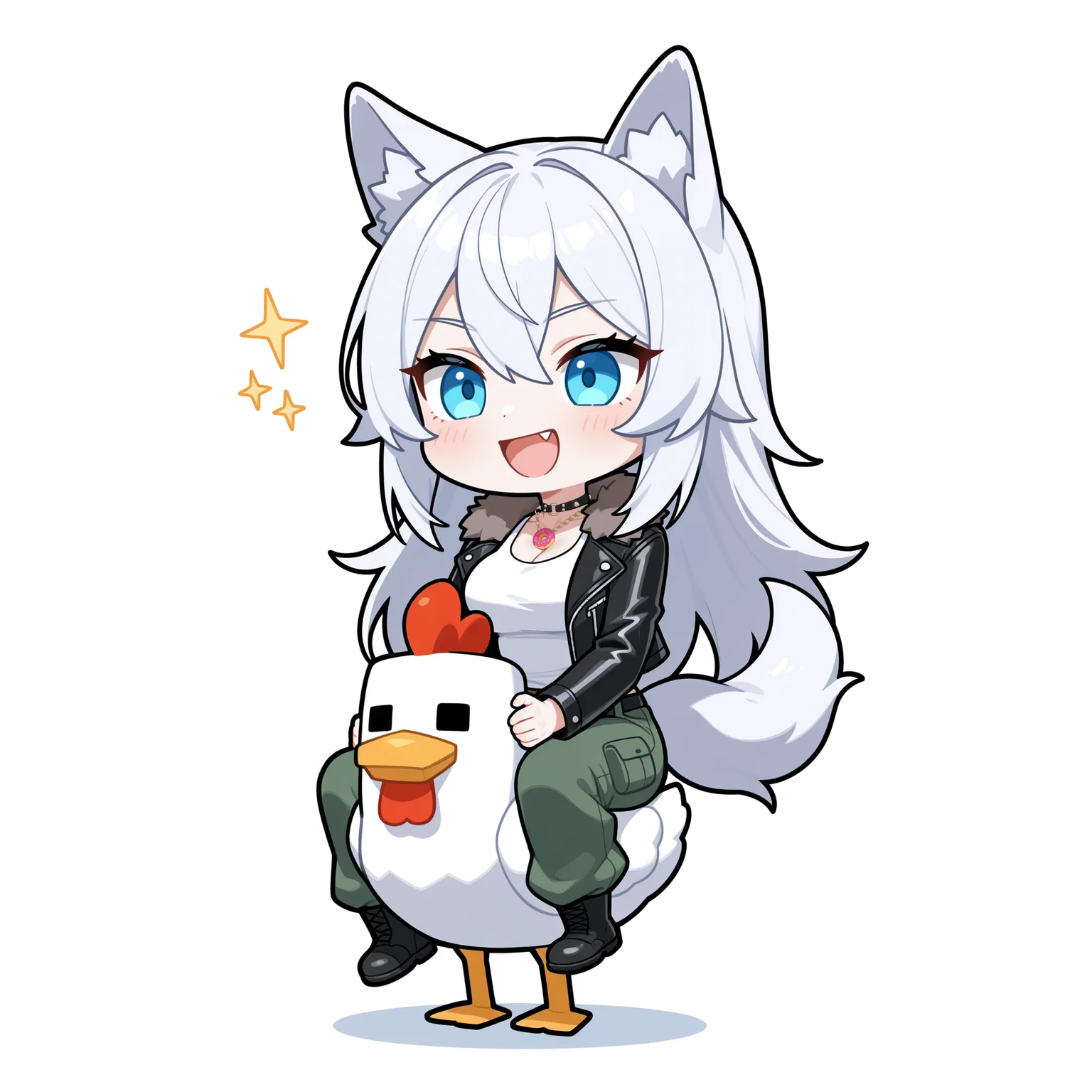 masterpiece, best quality, <lora:checken_jockey-il:1> mikus-concept, minecraft chicken, riding, chicken jockey, sitting, white background, square body, square head
BREAK, wolf girl, long hair, white hair, wolf ears, wolf tail, leather jacket with fur collar, black choker, blue eyes, medium breasts,cargo pants., tank top, :D, boots, chibi, fang,