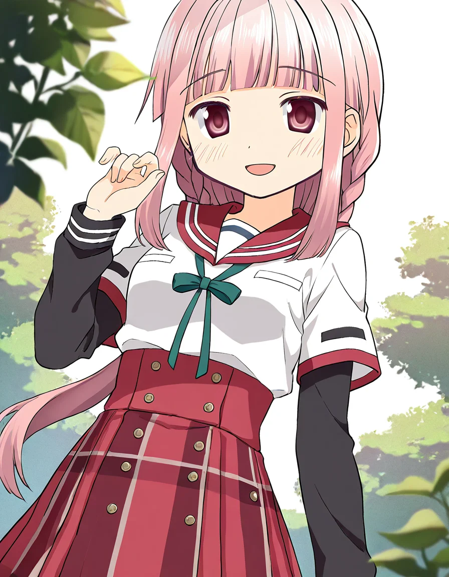 masterpiece, best quality, newest, absurdres, highres, safe, 1girl, tamaki iroha \(school uniform\), magia record: mahou shoujo madoka magica gaiden, layerd sleeves, solo, smile, open mouth, hand up, looking at viewer, outdoors, dutch angle, <lora:20241229074809_tamaki_iroha_noobaiXLNAIXL_vPred10Version:0.7>