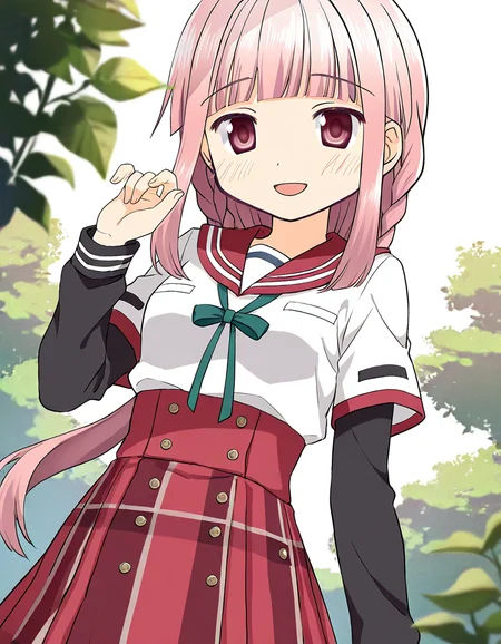 masterpiece, best quality, newest, absurdres, highres, safe, 1girl, tamaki iroha \(school uniform\), magia record: mahou shoujo madoka magica gaiden, layerd sleeves, solo, smile, open mouth, hand up, looking at viewer, outdoors, dutch angle, <lora:20241229074809_tamaki_iroha_noobaiXLNAIXL_vPred10Version:0.7>