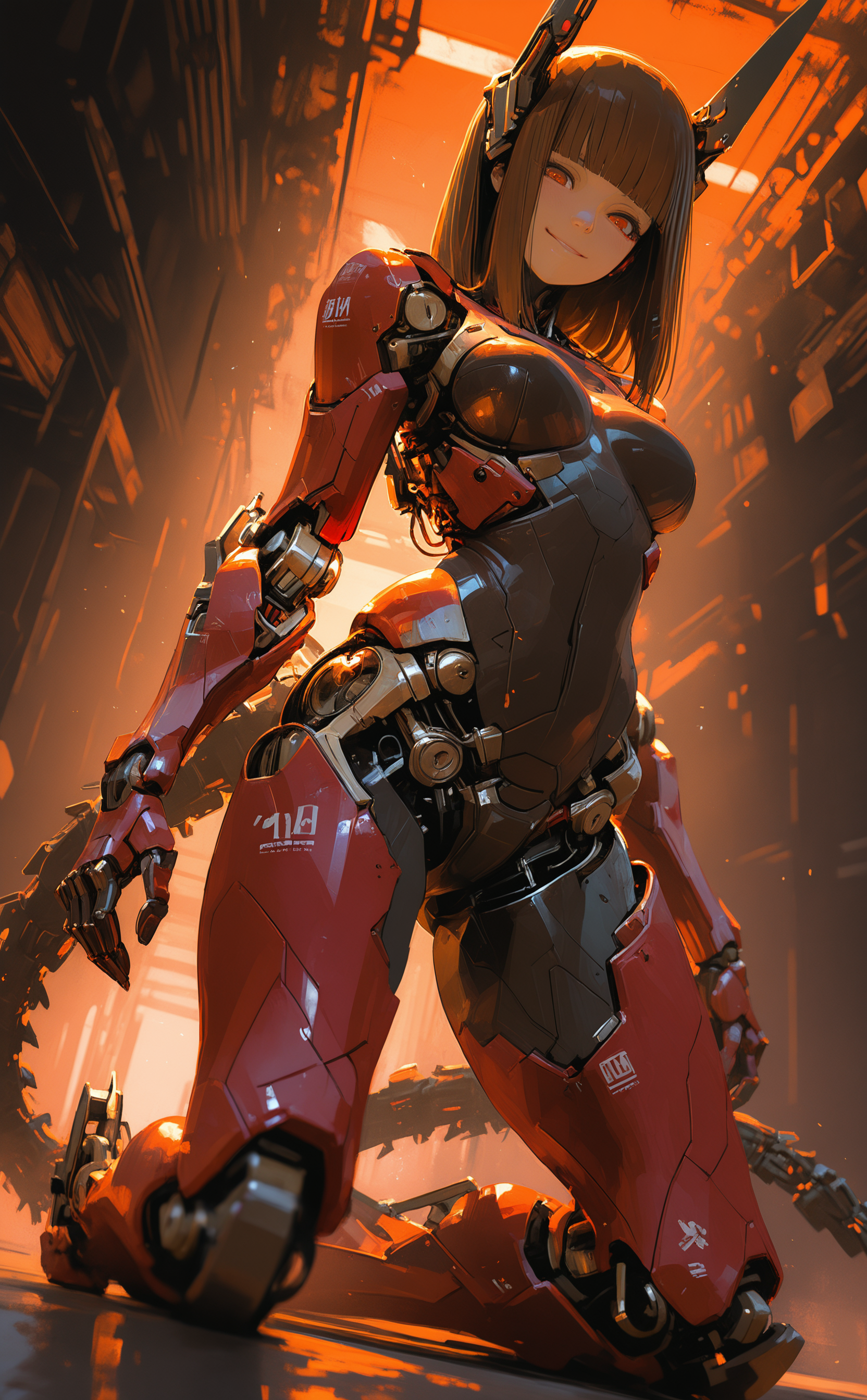 masterpiece, best quality, amazing quality, 1girl, solo, long hair, looking at viewer, smile, brown hair, red eyes, brown eyes, tail, full body, medium breasts, medium hair, blunt bangs, orange eyes, kneeling, bodysuit, headgear, red robot, science fiction, android, joints, mecha musume, mechanical arms, cyborg, robot joints, mechanical parts, mechanical legs, mechanical horns, mechanical tail, mechanical ears, robot girl, Cinematic Lighting,
Dutch angle,Low Angle,Vanishing Point, limited palette, realistic,painterly, <lora:noobai_ep11_stabilizer_v0.138_fp16:0.3> <lora:NOOB_vp1_detailer_by_volnovik_v1:0.3> <lora:nhl-002-nai:0.7> <lora:nhl-001-20:0.7> <lora:XXX667:0.5> <lora:-_iLL_-_the_edgy_mech_V3.0:0.7>