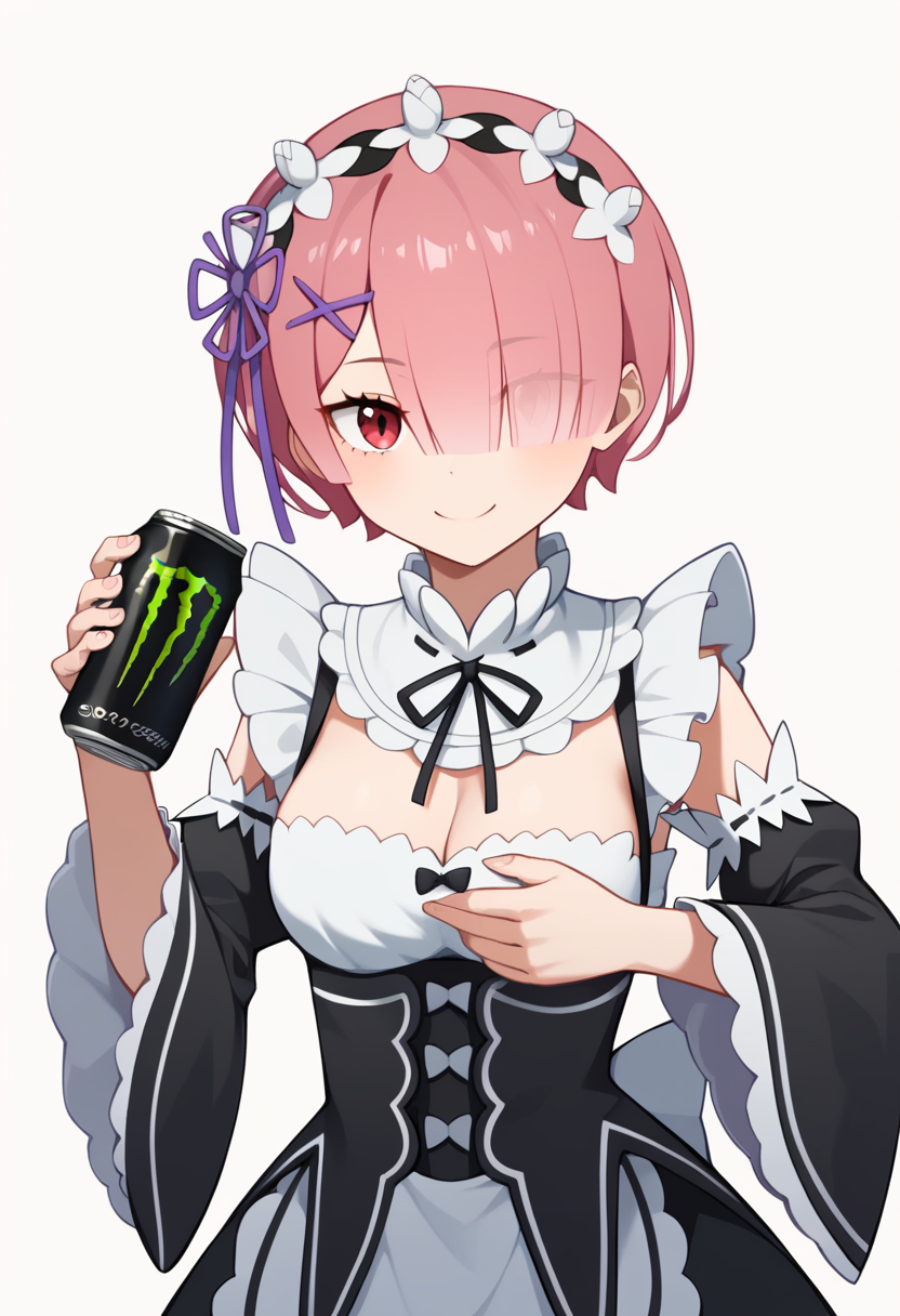 score_9,score_8_up,score_7_up,<lora:ram_pony:1>,hashtag-only_commentary,smile,hair_over_one_eye,black_ribbon,soda_can,frilled_sleeves,breasts,solo,drink_can,detached_collar,ram_\(re:zero\),maid_headdress,white_background,monster_energy,roswaal_mansion_maid_uniform,wide_sleeves,black_dress,simple_background,hands_up,highres,purple_ribbon,holding_can,1girl,