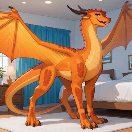 1girl, highres, absurdres, newest, masterpiece, best quality, furry, furry_female, peril_wof, skywing, dragon, orange scales, wings, horn, blue eyes, tail, claws, 1girl, (quadruped, feral:1.3), detailed eyes, (standing), open_mouth, open mouth smile, luxurious detailed room, bright room, day scene, professional lighting, solo, white bedroom, white wealls smiling, seductive, looking_at_viewer, masterpiece, close up, safe