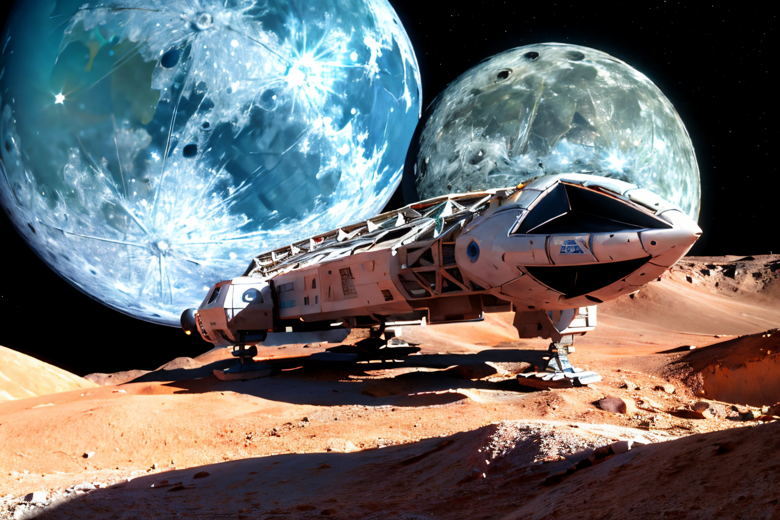 (Realistic:1.5) (masterpiece) EdobSpace1999Eagle, military, no humans, black background, machinery, spot color, science fiction, military vehicle, cable, vehicle focus, space background, no humans, moon, star (sky), lens flare, science fiction, sun, retro artstyle, space, planet, earth (planet), spacecraft, concept art, (view from rear:1.5), <lora:EdobSpace1999Eagle_v1.0:0.9>