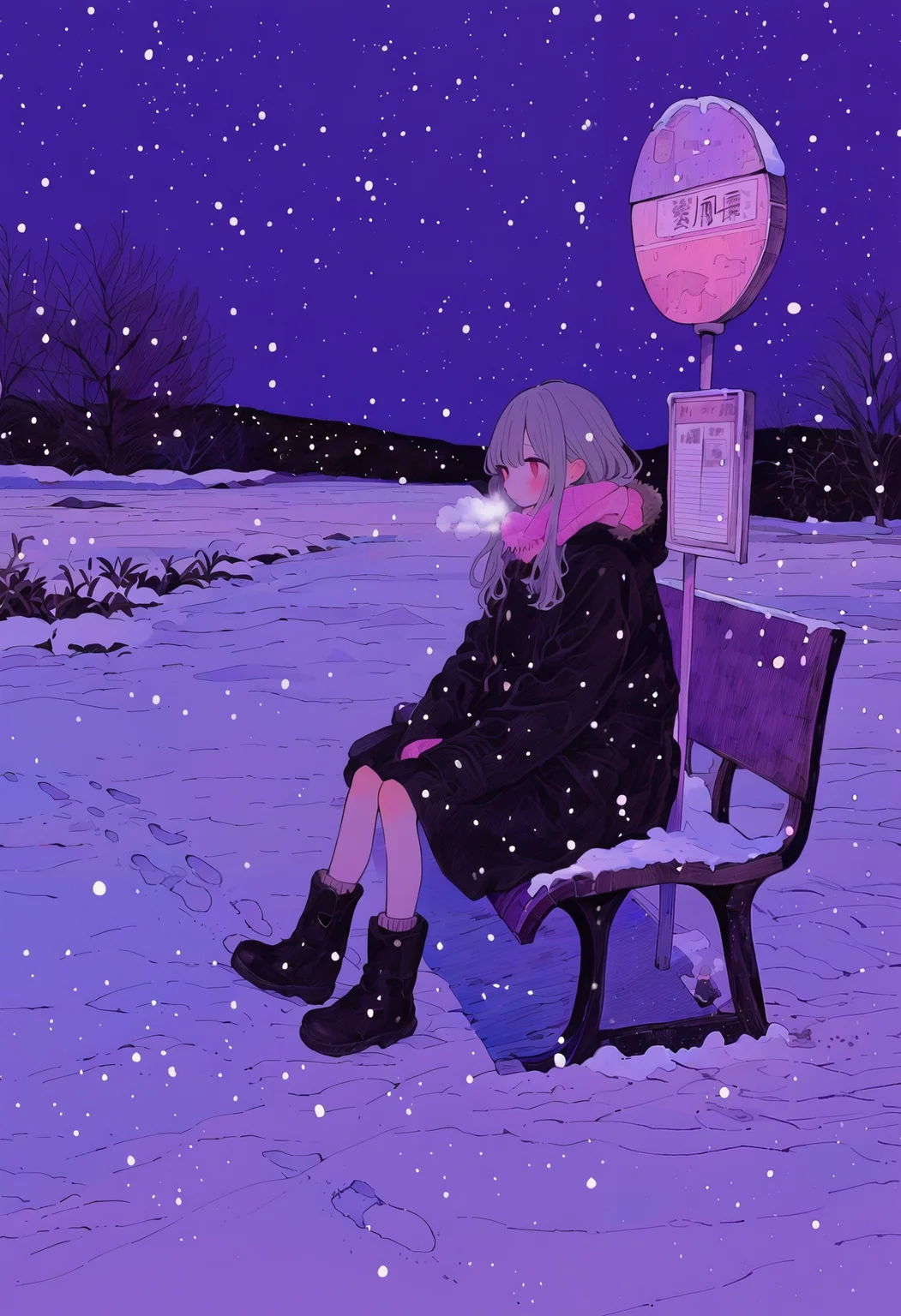 <lora:MF9fMTFYeA==-noobaiXLNAIXL_epsilonPred_V110_V1-CAME>, MF9f, 1girl, bench, solo, star \(sky\), snow, sitting, starry sky, night, outdoors, long hair, boots, bus stop, sky, scarf, night sky, sign, breath, coat, winter, fur trim, long sleeves, snowing, footprints, on bench, red eyes, winter clothes, purple theme, hood, space, sitting on bench, black coat, grey hair, full body, pink scarf
