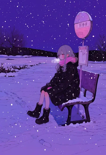 <lora:MF9fMTFYeA==-noobaiXLNAIXL_epsilonPred_V110_V1-CAME>, MF9f, 1girl, bench, solo, star \(sky\), snow, sitting, starry sky, night, outdoors, long hair, boots, bus stop, sky, scarf, night sky, sign, breath, coat, winter, fur trim, long sleeves, snowing, footprints, on bench, red eyes, winter clothes, purple theme, hood, space, sitting on bench, black coat, grey hair, full body, pink scarf