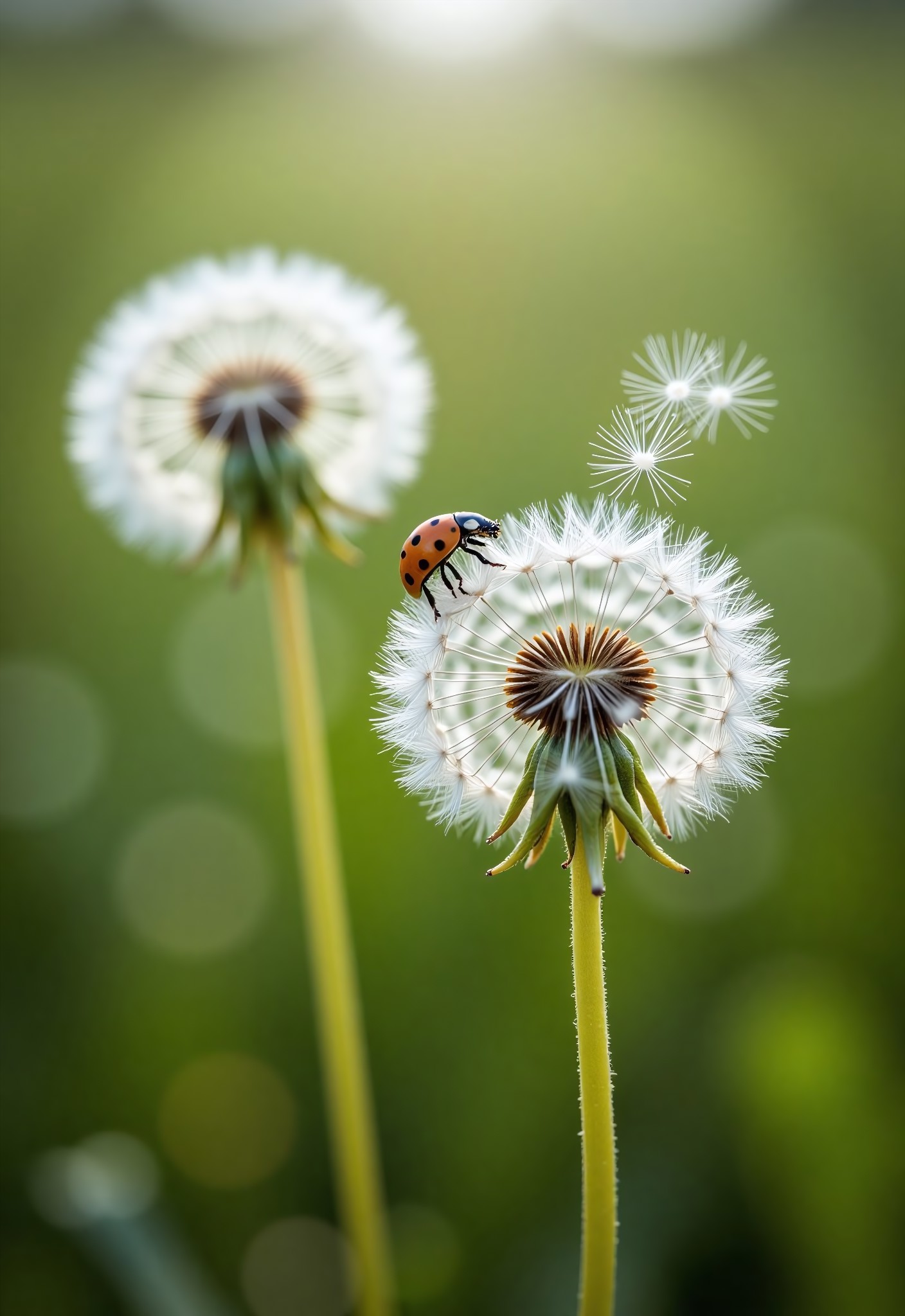 aidmaimageupgrader, a high quality digital image of a few dandelions in the seed or blowball stage, the image captures the wind catching them and pulling a few seeds out, a small ladybug is climbing up one of the stalks