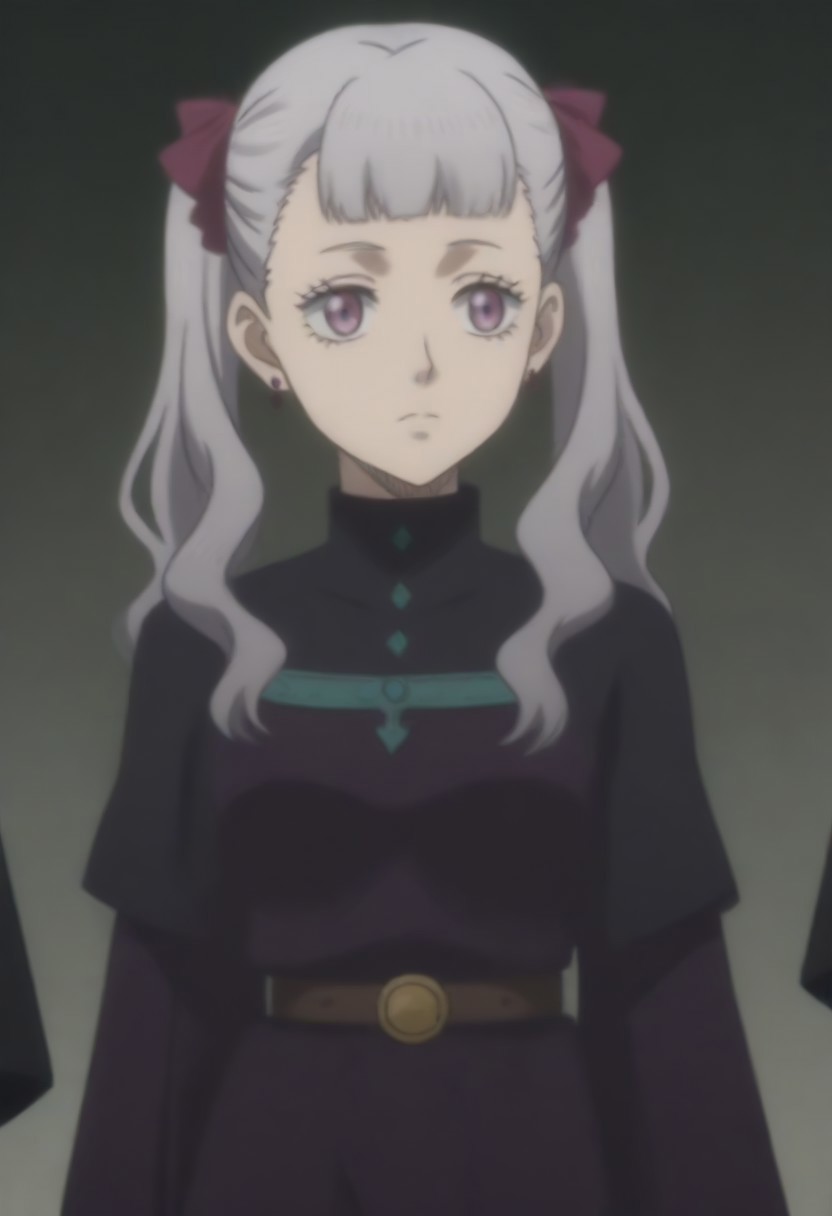 source_anime, anime screencap, source_anime, auratheguillotine, anime screencap, masterpiece, source_anime, shiny skin,,,,,,<lora:noellesilva-pdxl-nvwls-v1-000005:1> noelle silva, grey hair, purple eyes, twintails, hair ribbon, black capelet, green strap, white and purple dress, long sleeves, belt,