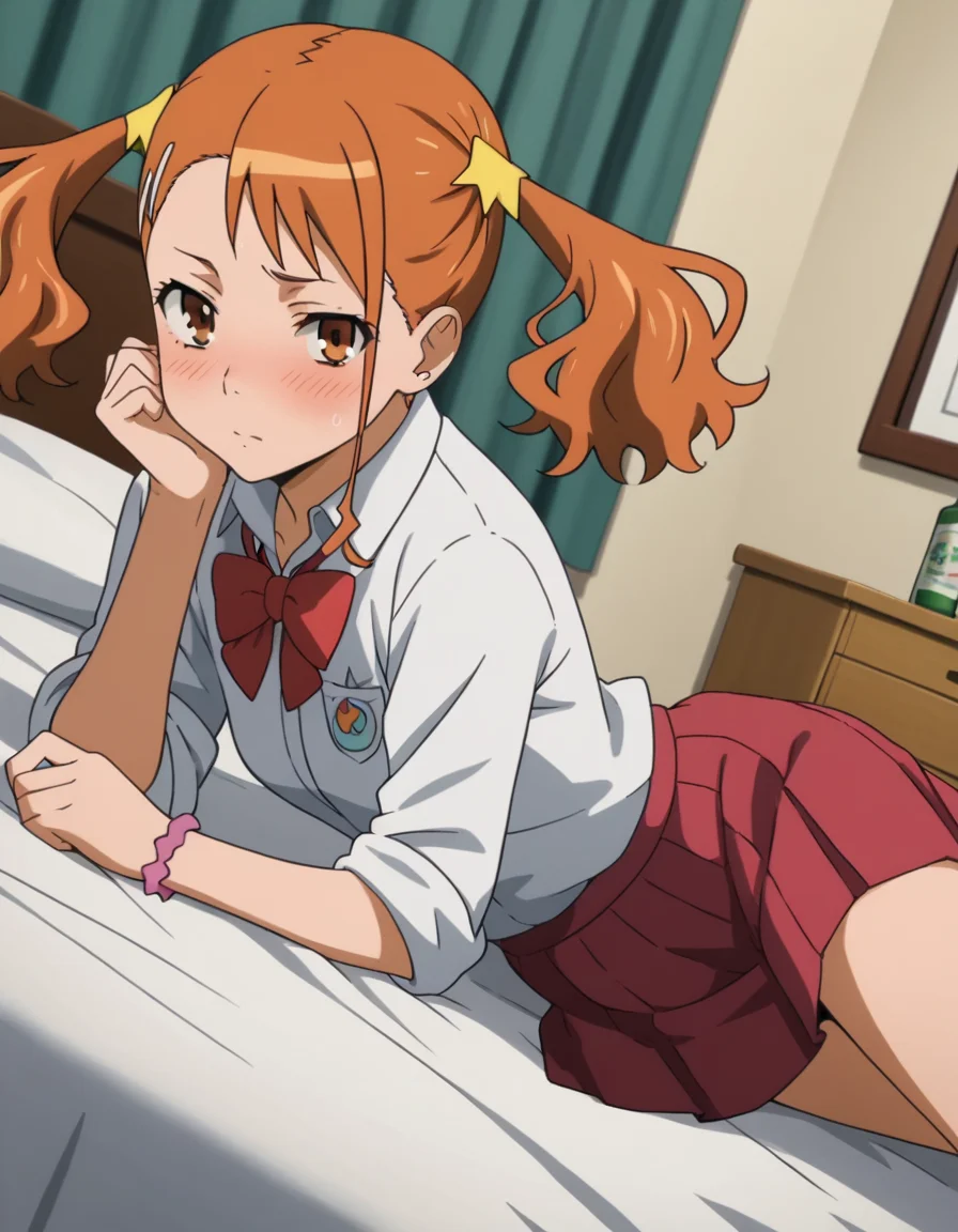 score_9, score_8_up, score_7_up, source_anime,
narukoanjou,  <lora:naruko-anjou-s1-ponyxl-lora-nochekaiser:1>,
naruko anjou, orange hair, twintails, brown eyes, hair ornament, star ornament, hair clip,
skirt, bow, school uniform, sleeves rolled up, red bowtie, shirt, white shirt, collared shirt, red skirt,
indoors, bed, bed room, on side, blush, drunk,
looking at viewer, solo, cowboy shot, dutch angle,