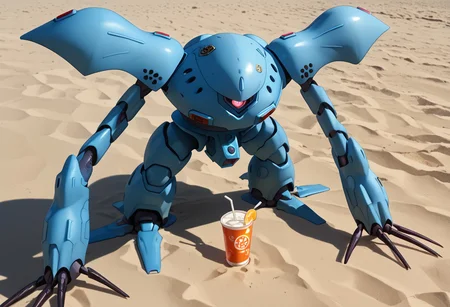 score_9, score_8_up, score_7_up, source_anime, front view, BREAK, ( hygogg, blue_hygogg_armor, pink monoeye, looking at viewer, leaning forward, long arms, very long arms, long claws) 1mech, wide mech, large shoulders, large shoulder armor, mech focus, solo, BREAK, on beach, claw holding mixed drink,