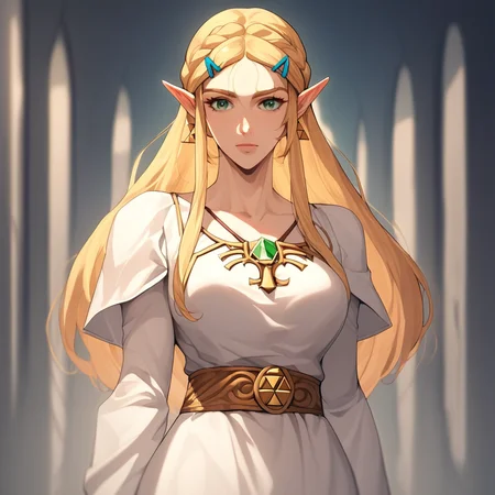 source_anime, (c4stl3v4ni4:1.2), ((score_9)),score_8_up,score_7_up,score_6_up,score_5_up,score_4_up, retro_artstyle, anime style, 1woman, Princess Zelda, blonde hair, large breasts, (green eyes), looking at viewer, facing viewer, masterpiece, best quality, highres, best illumination, depth of field,