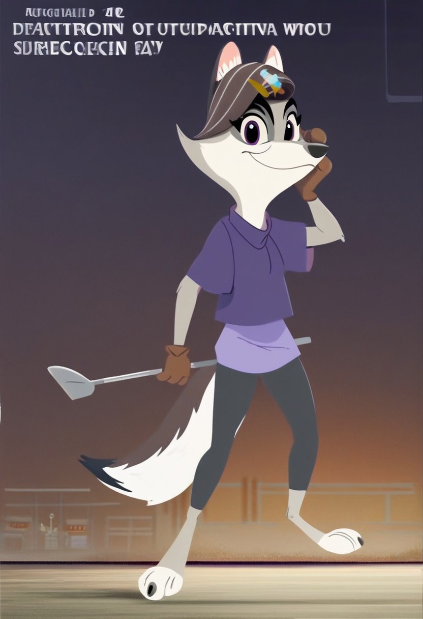 score_9,score_8,score_7,source_furry,
v10l3tw0lf,
furry female, violet_wolf, violet_wolf_great_wolf_lodge, wolf girl, female, 1girl, solo, tail, animal ears, furry, claws, looking at viewer, purple eyes, locomotive cab, locomotive cab background, short sleeves, multicolored hair, hairclip, body fur, artist name, barefoot, purple shirt, official art, official style,
Stable_Yogis_PDXL_Positives, engineer, engineer hat, hat, holding a shovel, brown gloves, gloves, smile,