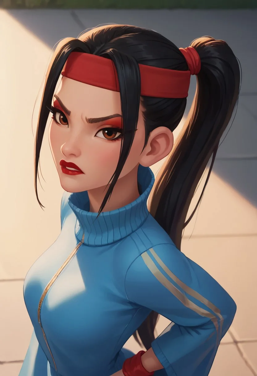 score_9, score_8_up, score_7_up, ultra quality, solo, 1girl, chang'e_tt, 1girl, asian, high ponytail (black hair, red headband), big eyelashes, brown eyes, makeup, red eyeshadow, red lipstick, red nails, red wristbands, blue track jacket (turtleneck, wide sleeves), light blue spandex, angry, pouting, big hips, big butt, bubble butt, breasts, narrow waist, curvy, score_9, score_8_up, score_7_up, score_6_up, looking at the viewer, standing, close up, view from above, face focus, screencap